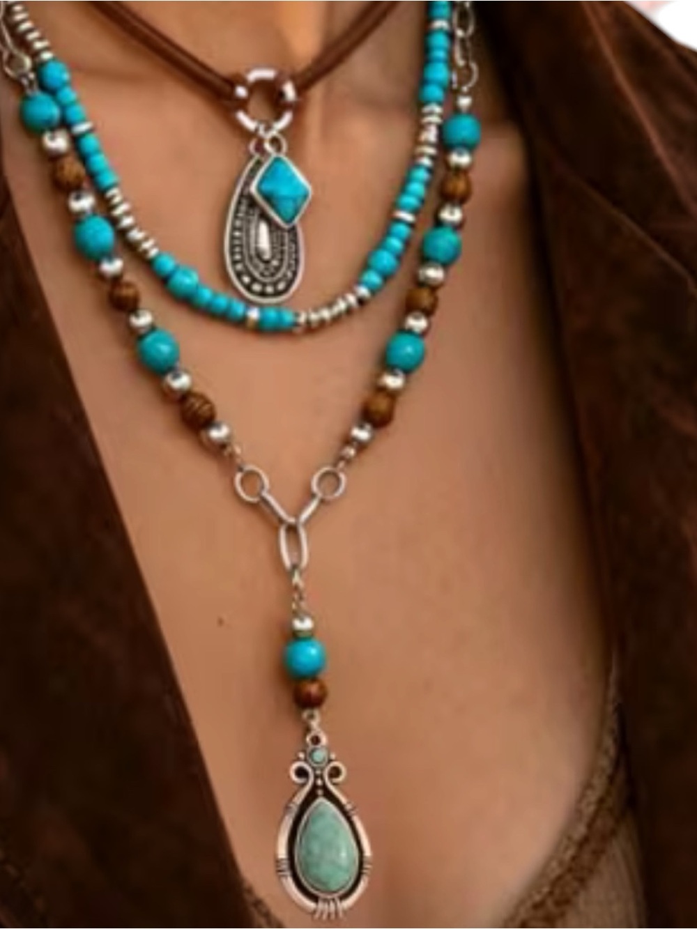 Turquoise & Brown Layered Teardrop Necklace - NEW!